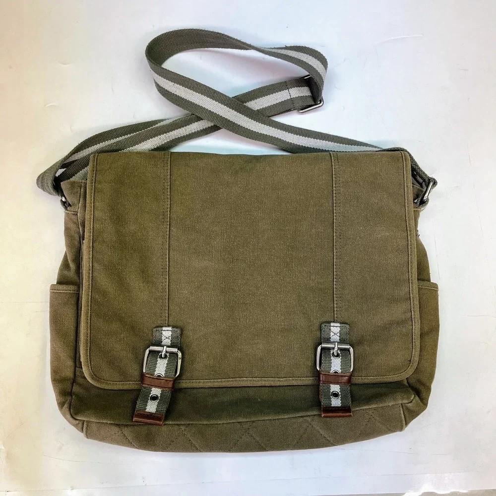 Fossil Olive Green Canvas Messenger Bag Crossbody Satchel Buckle Utility Unisex